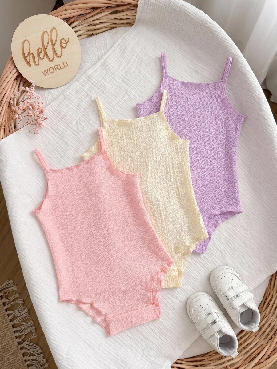 SHEIN 3pcs/Set Newborn Baby Girls' Comfy Versatile Simple Solid Color Knit Camisole Bodysuit Set, Spring/Summer