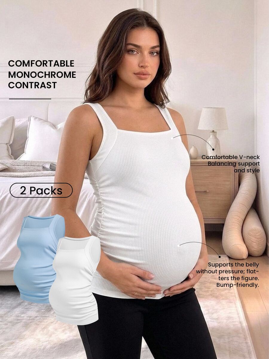 Modmama Maternity Casual Solid Color Ruched Fitted Tank Top, Summer - Blue and White - View 1