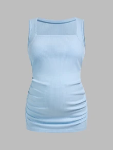 Modmama Maternity Casual Solid Color Ruched Fitted Tank Top, Summer - Blue and White - View 10