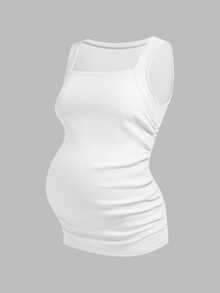 Modmama Maternity Casual Solid Color Ruched Fitted Tank Top, Summer - Blue and White - View 7