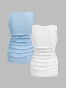 Modmama Maternity Casual Solid Color Ruched Fitted Tank Top, Summer - Blue and White - View 13