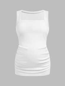 Modmama Maternity Casual Solid Color Ruched Fitted Tank Top, Summer - Blue and White - View 6