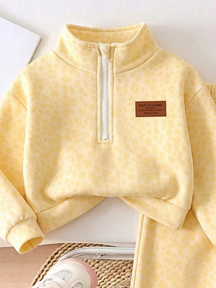 Infant Girls Pink Leopard Print Fleece Two Pieces Set, Half-Zip Stand Collar Top + Wide Leg Pants, Thick Plush Lining, Stamp Decoration, - Multicolor - View 3