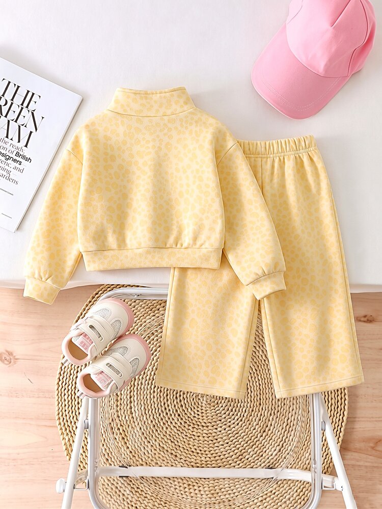 Infant Girls Pink Leopard Print Fleece Two Pieces Set, Half-Zip Stand Collar Top + Wide Leg Pants, Thick Plush Lining, Stamp Decoration, - Multicolor - View 2