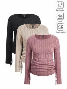 Modmama 孕婦休閒寬鬆浪漫風大尺寸鬆弛版型純色側抽繩T恤 冬季居家服 嬰兒派對拍照穿搭 黑/白/粉 - 杏色 - 查看 14
