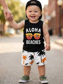 SHEIN Baby Boy 3-Piece Outfit: Sunglasses, Letter Print Tank Top, Palm Tree Print Shorts, Suitable For Summer Outings - Multicolor - View 1