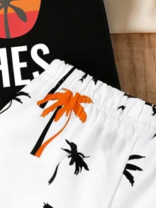 SHEIN Baby Boy 3-Piece Outfit: Sunglasses, Letter Print Tank Top, Palm Tree Print Shorts, Suitable For Summer Outings - Multicolor - View 6