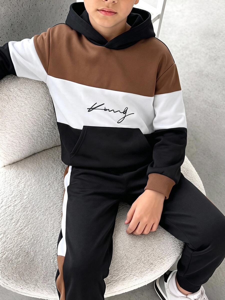 SHEIN طقم سويت شيرت بغطاء رأس مريح للأطفال والفتيان المراهقين، كاجوال بتصميم بسيط، أكمام طويلة، مع طباعة حروف وتصميم كتل لونية مرقعة، مناسب للخريف/الشتاء والمدرسة وموسم العودة إلى المدرسة، 2 قطعة - الأسود - مشاهدة 1