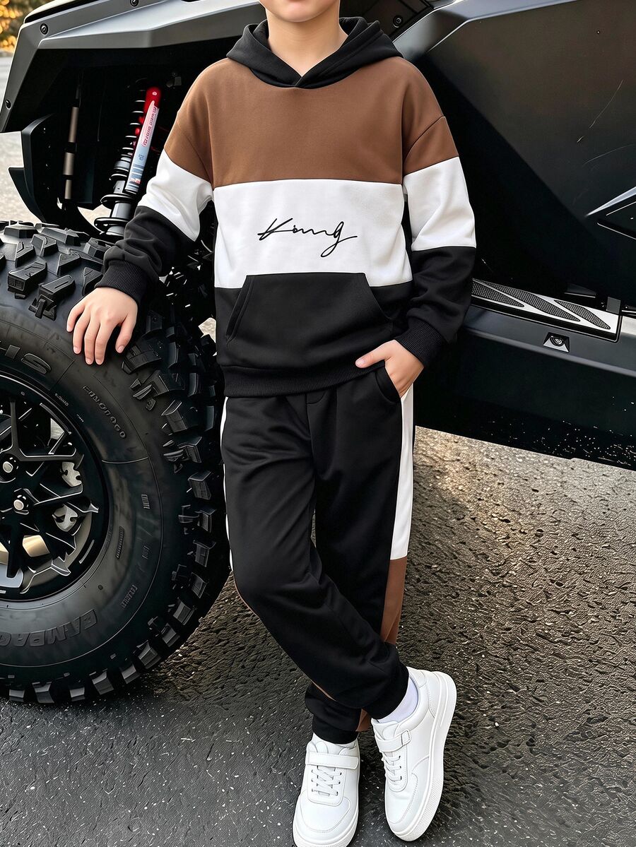 SHEIN 2件組兒童青少年男孩休閒極簡長袖連帽舒適運動衫套裝,拼色拼接字母印花,適合秋冬、學校、返校季 - 黑色 - 查看 1