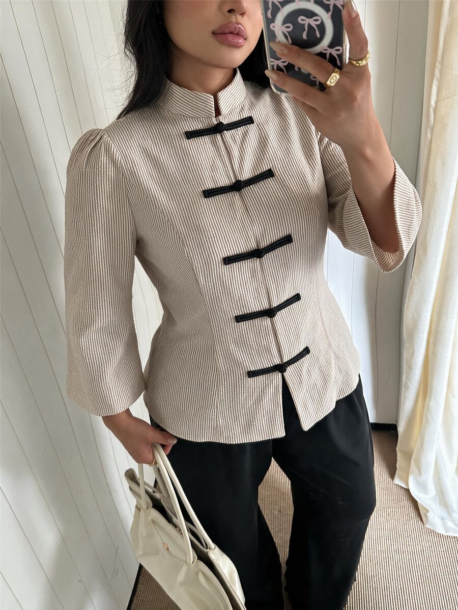 EastFlair Plus Size Women's Elegant Casual Corset Black And White Blouse Frog Buttons Stand-Collar Details Qipao Dinner Office Fall - Apricot - View 1