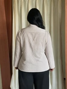 EastFlair Plus Size Women's Elegant Casual Corset Black And White Blouse Frog Buttons Stand-Collar Details Qipao Dinner Office Fall - Apricot - View 12
