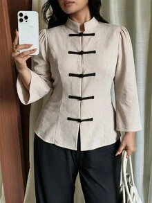 EastFlair Plus Size Women's Elegant Casual Corset Black And White Blouse Frog Buttons Stand-Collar Details Qipao Dinner Office Fall - Apricot - View 10