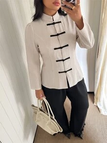 EastFlair Plus Size Women's Elegant Casual Corset Black And White Blouse Frog Buttons Stand-Collar Details Qipao Dinner Office Fall - Apricot - View 3