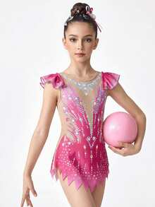 SHEIN 青少年女孩無袖印花連體舞衣，修身設計防走光，韻律體操運動服運動圖案，學校舞蹈比賽 - 玫紅色 - 查看 9