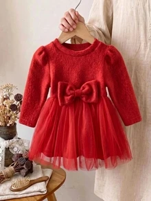 SHEIN 1件幼童女嬰公主風 A 字蓬蓬裙洋裝，優雅紅色蝴蝶結，薄紗針織加厚款，長袖泡泡袖圓領，適合秋冬節日派對，保暖舒適 - 紅色 - 查看 1