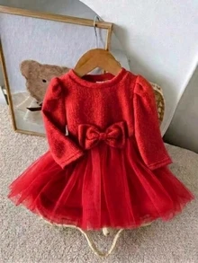 SHEIN 1件幼童女嬰公主風 A 字蓬蓬裙洋裝，優雅紅色蝴蝶結，薄紗針織加厚款，長袖泡泡袖圓領，適合秋冬節日派對，保暖舒適 - 紅色 - 查看 3