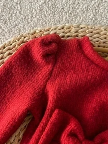 SHEIN 1件幼童女嬰公主風 A 字蓬蓬裙洋裝，優雅紅色蝴蝶結，薄紗針織加厚款，長袖泡泡袖圓領，適合秋冬節日派對，保暖舒適 - 紅色 - 查看 6