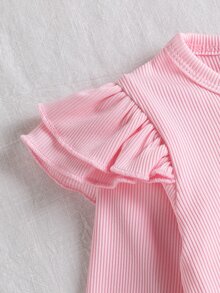 SHEIN 2件組女嬰上衣牛仔吊帶褲套裝，可愛甜美粉藍愛心印花蝴蝶結羅紋長袖圓領常規款，秋季派對公主舒適服飾 - 粉色 - 查看 7