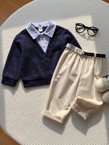 SHEIN 男嬰 2件組秋冬抓絨內裡加厚休閒時尚學院風拼色拼接 2合1衛衣套裝上衣套裝 冬季套裝聖誕 - 藏蓝色 - 查看 4