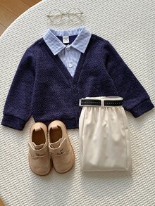 SHEIN 男嬰 2件組秋冬抓絨內裡加厚休閒時尚學院風拼色拼接 2合1衛衣套裝上衣套裝 冬季套裝聖誕 - 藏蓝色 - 查看 3