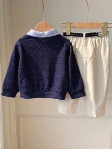 SHEIN 男嬰 2件組秋冬抓絨內裡加厚休閒時尚學院風拼色拼接 2合1衛衣套裝上衣套裝 冬季套裝聖誕 - 藏蓝色 - 查看 2