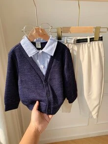 SHEIN 男嬰 2件組秋冬抓絨內裡加厚休閒時尚學院風拼色拼接 2合1衛衣套裝上衣套裝 冬季套裝聖誕 - 藏蓝色 - 查看 8