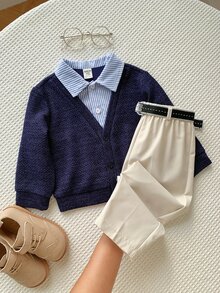 SHEIN 男嬰 2件組秋冬抓絨內裡加厚休閒時尚學院風拼色拼接 2合1衛衣套裝上衣套裝 冬季套裝聖誕 - 藏蓝色 - 查看 1