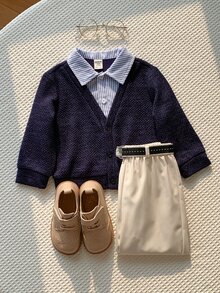 SHEIN 男嬰 2件組秋冬抓絨內裡加厚休閒時尚學院風拼色拼接 2合1衛衣套裝上衣套裝 冬季套裝聖誕 - 藏蓝色 - 查看 7
