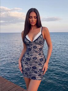 Sirith Women's Sexy Autumn Floral Lace Sheer Slim-Fit Camisole Dress (2 In 1 Style) - Brown - View 2