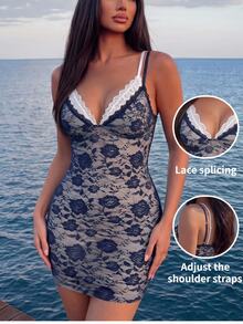 Sirith Women's Sexy Autumn Floral Lace Sheer Slim-Fit Camisole Dress (2 In 1 Style) - Brown - View 1