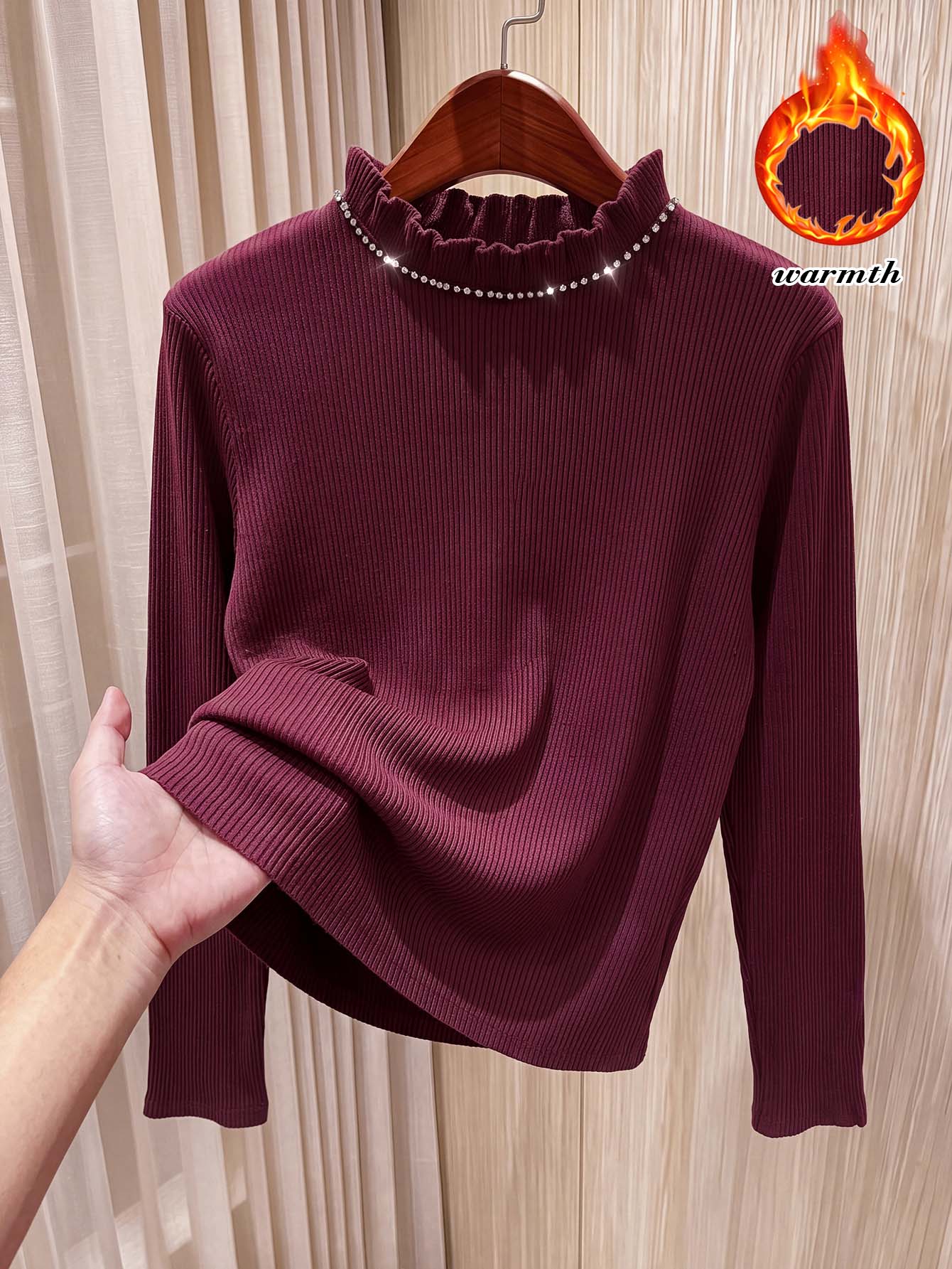Rusticease Fall Winter 2026warm Women's Rhinestone Decorated Ribbed Long Sleeve T-Shirt Family Wedding Party Homewear Mother Burgundy Matching Elegant Grandma - Burgundy - View 1