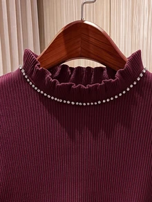 Rusticease Fall Winter 2026warm Women's Rhinestone Decorated Ribbed Long Sleeve T-Shirt Family Wedding Party Homewear Mother Burgundy Matching Elegant Grandma - Burgundy - View 3