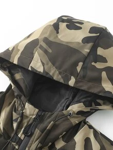 Manfinity Roughcore Men's Camouflage Hooded Jacket, Loose Fit Zipper Pocket Jacket, Suitable For Daily Commute And Weekend Leisure Outings - Army Green - View 3