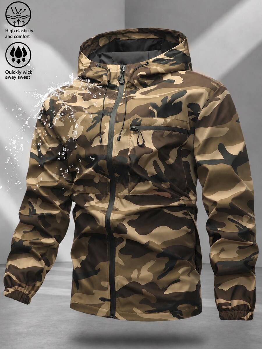 Manfinity Roughcore Men's Camouflage Hooded Jacket, Loose Fit Zipper Pocket Jacket, Suitable For Daily Commute And Weekend Leisure Outings - Army Green - View 1