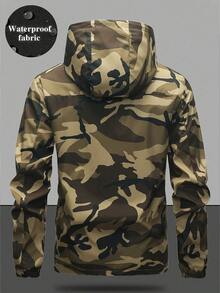 Manfinity Roughcore Men's Camouflage Hooded Jacket, Loose Fit Zipper Pocket Jacket, Suitable For Daily Commute And Weekend Leisure Outings - Army Green - View 2