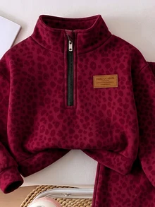嬰兒女童粉色豹紋抓絨兩件套，半拉鍊立領上衣 + 寬腿長褲，厚絨內裡，印花裝飾 - 彩色 - 查看 3