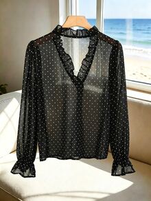 SHEIN 女款黑白波點雪紡上衣，V領、荷葉邊飾、泡泡袖、修身顯瘦，適合夏季外出，優雅性感 - 黑色 - 查看 4