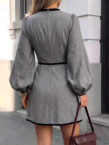 SHEIN 時尚高端圓領拼接撞色優雅長袖女款洋裝，女款秋冬洋裝，度假、外出、Y2K、春季、夏季、返校、休閒、海灘、商務、百搭、女款休閒長洋裝、女款素色洋裝、女款灰色洋裝、女款優雅洋裝 - 灰色 - 查看 9