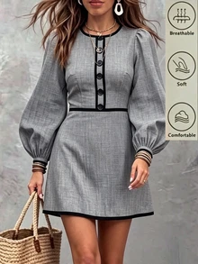 SHEIN 時尚高端圓領拼接撞色優雅長袖女款洋裝，女款秋冬洋裝，度假、外出、Y2K、春季、夏季、返校、休閒、海灘、商務、百搭、女款休閒長洋裝、女款素色洋裝、女款灰色洋裝、女款優雅洋裝 - 灰色 - 查看 3