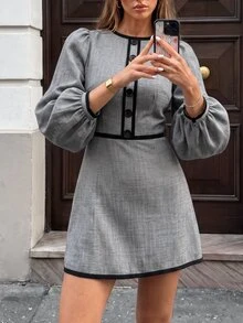 SHEIN 時尚高端圓領拼接撞色優雅長袖女款洋裝，女款秋冬洋裝，度假、外出、Y2K、春季、夏季、返校、休閒、海灘、商務、百搭、女款休閒長洋裝、女款素色洋裝、女款灰色洋裝、女款優雅洋裝 - 灰色 - 查看 5