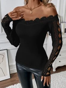 Islaluna Camiseta con hombros descubiertos de unicolor y adorno de encaje elegante para mujer, para otoño - Negro - Ver 5