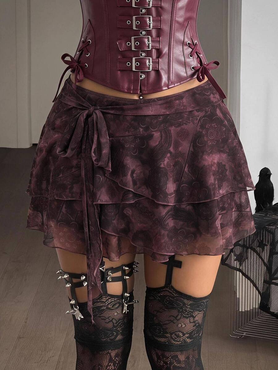 Coolane 女款四季街頭風派對休閒外出度假西式穿搭復古圖案花卉酒紅色層次荷葉邊綁帶萬聖節迷你裙 - 酒紅色 - 查看 1