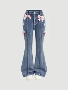 SHEIN 青少年女孩 Y2K 風格石洗蝴蝶結高腰喇叭腿牛仔褲 秋季街頭風穿搭女童服飾 - 藍色 - 查看 7