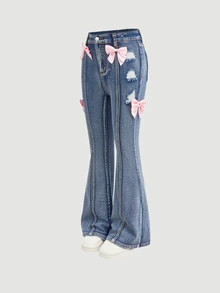 SHEIN 青少年女孩 Y2K 風格石洗蝴蝶結高腰喇叭腿牛仔褲 秋季街頭風穿搭女童服飾 - 藍色 - 查看 6
