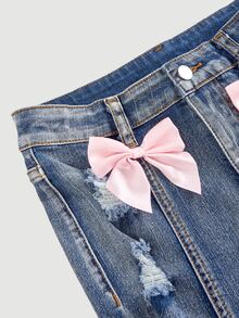 SHEIN 青少年女孩 Y2K 風格石洗蝴蝶結高腰喇叭腿牛仔褲 秋季街頭風穿搭女童服飾 - 藍色 - 查看 3