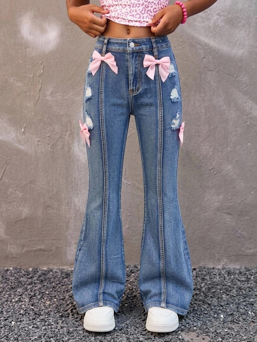 SHEIN 青少年女孩 Y2K 風格石洗蝴蝶結高腰喇叭腿牛仔褲 秋季街頭風穿搭女童服飾 - 藍色 - 查看 1