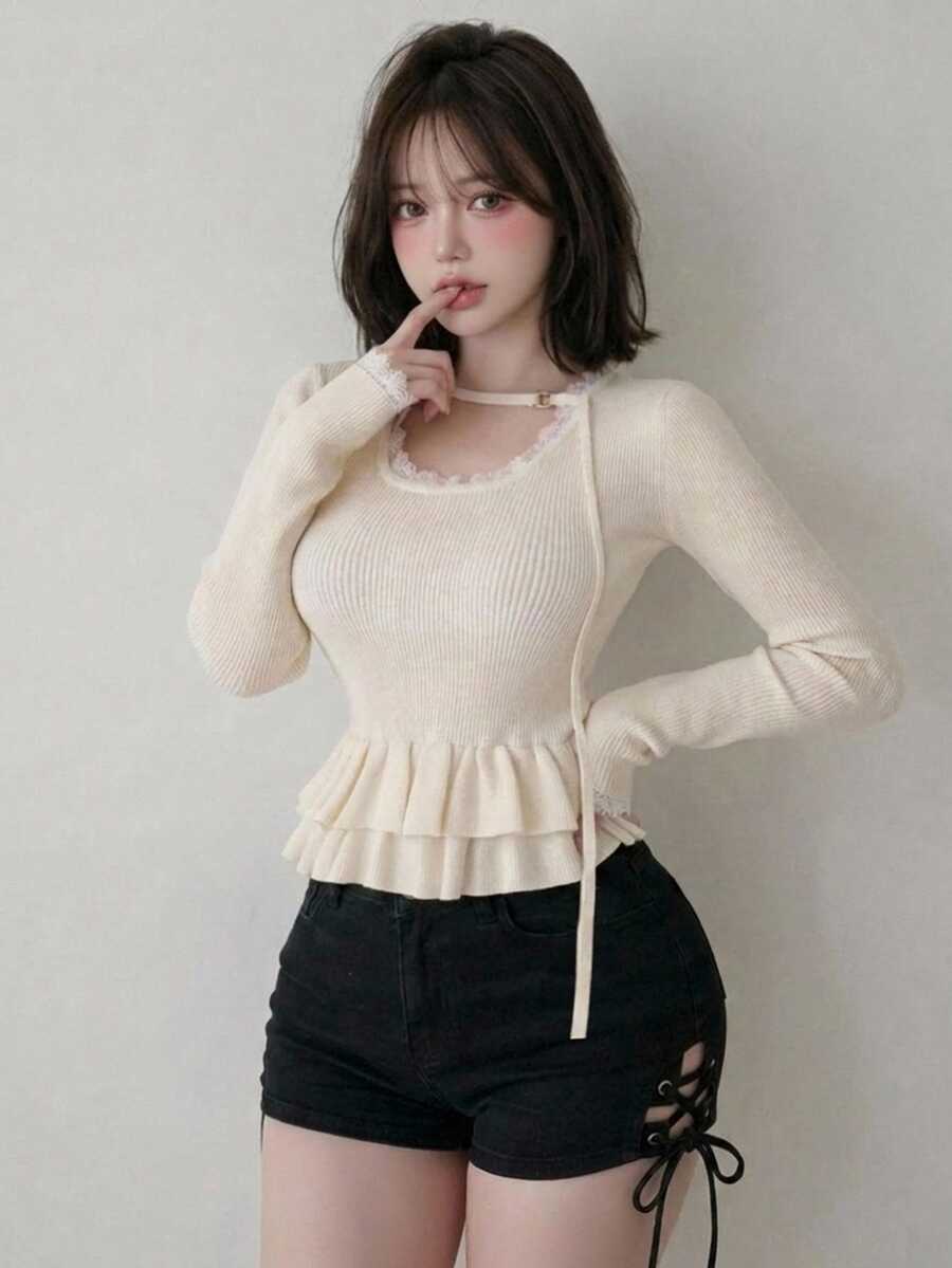 FRIFUL Women's Round Neck Long Sleeve Lace Trim Pleated Sweater Date Everyday White Fall Elegant Romantic Winter - Grey - View 1
