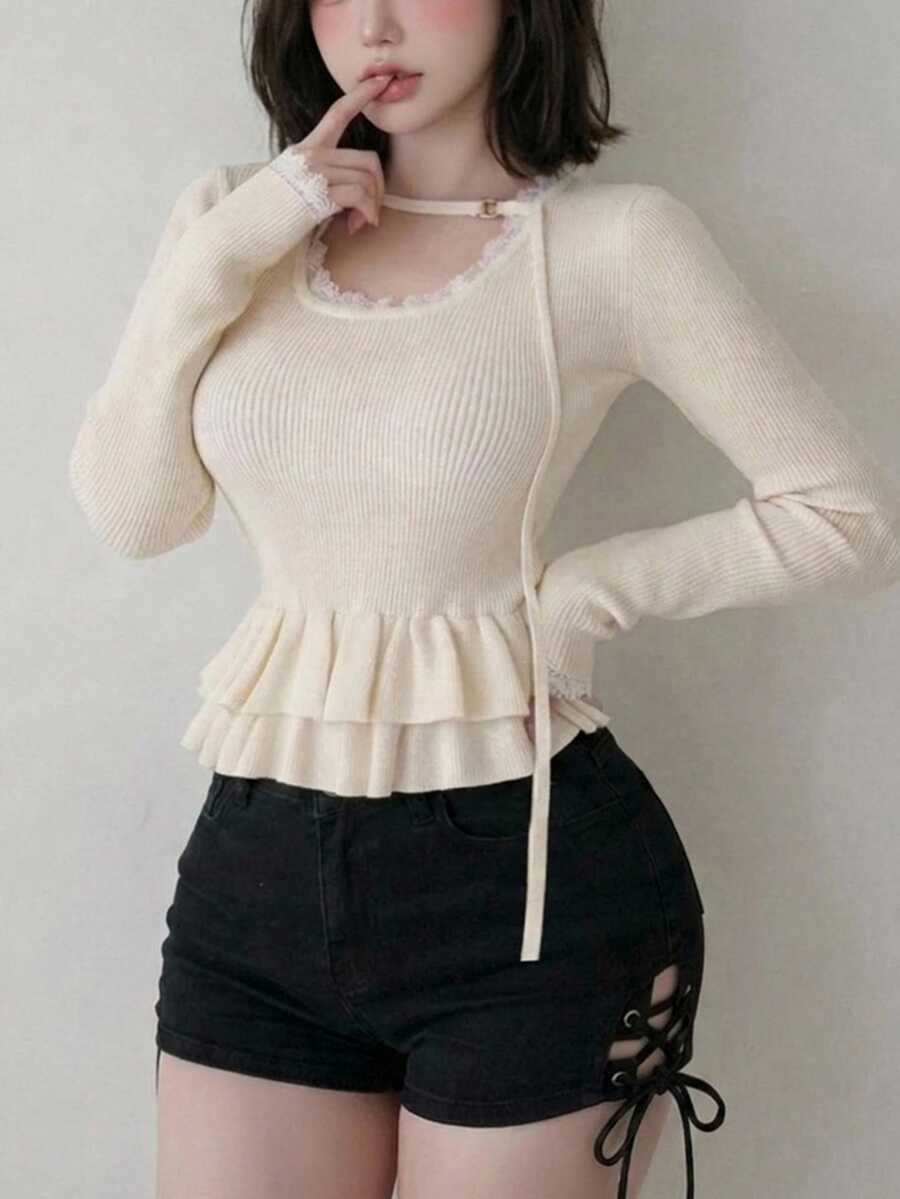 FRIFUL Women's Round Neck Long Sleeve Lace Trim Pleated Sweater Date Everyday White Fall Elegant Romantic Winter - Grey - View 1