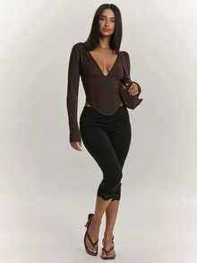 SHEIN BAE 女款秋季服飾，優雅冬季女裝性感深V領棕色長袖上衣 - 棕色 - 查看 5