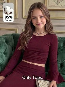 SHEIN Tween Girl Fitted Casual Kids Crew Neck Ruffle Flare Sleeve Long T-Shirt Top Red Crop - Red - View 2